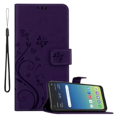 Abbildung von Cadorabo Hülle kompatibel mit LG K40S Blumen Design aus Premium Kunst Leder Flip Klappbare Stoßfeste Magnetische [Standfunktion] [Kartenfächern] Cover Case für Tasche in Lila