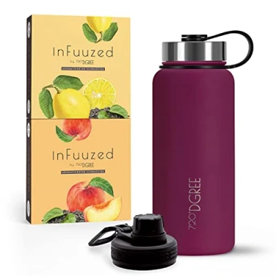 Abbildung von 720DGREE Eistee to go &quot;InFuuzed&quot; 2x 25 Beutel für mind. 25l + Thermo Trinkflasche 950ml &quot;noLimit&quot; Das Erfrischungsgetränk Ohne Zucker &amp; Kalorien Lecker leichte Alternative zu Eis Tee, Softdrinks