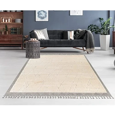Abbildung von Surya Peoria Geometrischer Teppich modern Wohnzimmer, Esszimmer, Schlafzimmer weicher Abstrakt Boho Teppich, Kurzflor für einfache Pflege groß 167x220cm in Beige, 2303
