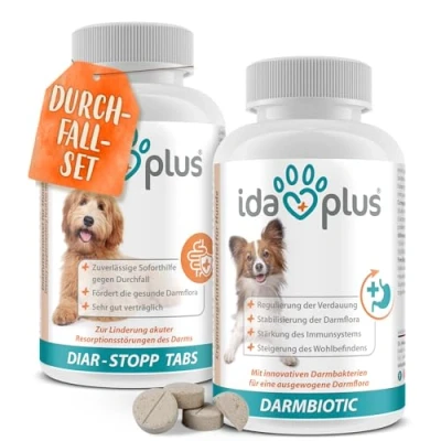 Abbildung von Ida Plus Durchfall Set Diar Stopp Tabs + Darmbiotic Kautabeletten gegen für Hunde und Probiotika zur Darmsanierung Stoppt Hund Darmfloraaufbau beim 2X 180 g
