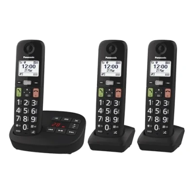 Abbildung von Panasonic KX TGU133EXB Digitales Schnurlostelefon mit Anrufbeantworter, Basiseinheit und 3 Mobilteilen, LCD Display, großen Tasten, Anruf Favorit, kompatibel Hörgeräten, Schwarz