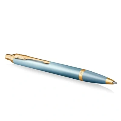 Abbildung von Parker IM Writing Rituals Kugelschreiber, grünes Gehäuse mit Farbverlauf, goldene Zierteile, mittlere Spitze, blaue Tinte, Geschenkbox
