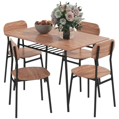 Abbildung von HOMCOM 5 TLG. Essgruppe, Esstisch mit 4 Stühlen, Küchentisch Ablagefläche, Esszimmergruppe, Esszimmermöbel, Set für Küche, Esszimmer, Stahl, Teak