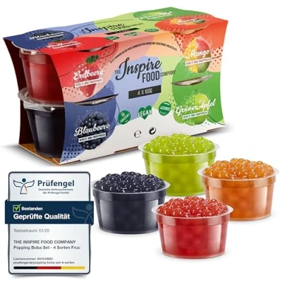 Abbildung von INSPIRE FOOD Bubble Tea Perlen Set 4er Pack Popping Boba Fruchtperlen Erdbeere, Mango, Grüner Apfel, Heidelbeere Tapioka 100% vegan und glutenfrei, ohne künstliche Farbstoff, je 100g
