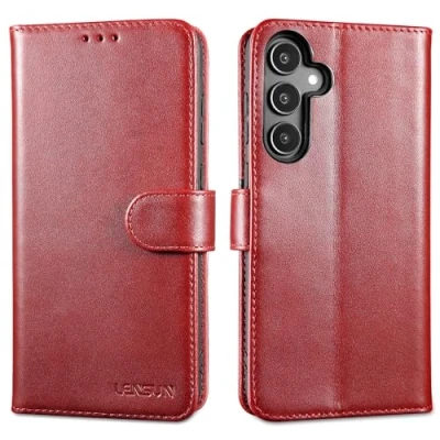 Abbildung von LENSUN Lederhülle für Samsung Galaxy A35, Echtleder Hülle Klappbar [Kartenfach][RFID Schutz][Standfunktion] Handytasche Handyhülle Flip Case A35 5G Weinrot