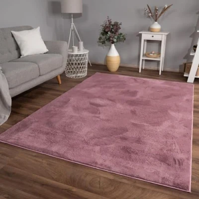 Abbildung von TT Home Wohnzimmer Teppich Hochflor Langflor Kunstfell Weich Modern Unifarben Flauschig, Farbe:Rosa Mauve, Größe:80x150 cm