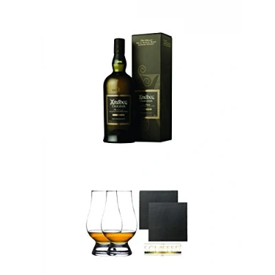 Abbildung von Ardbeg Uigeadail Islay Single Malt Whisky 0,7 Liter + The Glencairn Glass Glas Stölzle 2 Stück Schiefer Glasuntersetzer eckig ca. 9,5 cm Ø