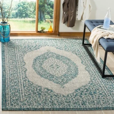 Abbildung von SAFAVIEH Zeitgenössische Teppich für Wohnzimmer, Esszimmer, Schlafzimmer Courtyard Collection, Kurzer Flor, Hellgrau und Blaugrün, 160 X 231 cm