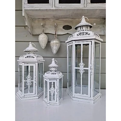 Abbildung von Arinosa Laterne Landhaus Weiss Shabby Chic Lilien Preis ab, Bitte Größe wählen:Mittel 19x16xH36cm