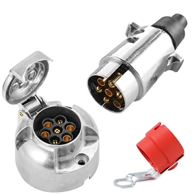 Abbildung von SPARKMOTO Anhänger Metall Stecker Steckdose 7 Polig,nach ISO1724,12V Wasserdicht Poliger Aluminiumgehäuse mit Steckerhalter Rot,7 Pin Hänger für