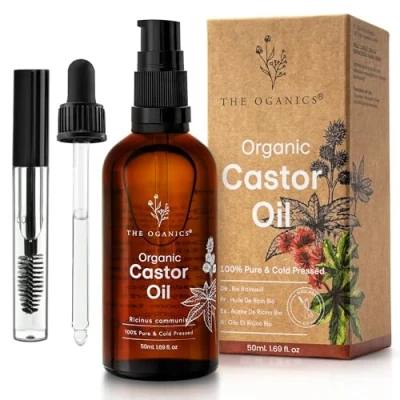 Abbildung von THE OGANICS® Castor Oil Organic &amp; Cold Pressed For Eyelashes, Eyebrows, Hair Nails Vegan, Cruelty Free Glass Bottle + Mascara Kit Pump (Rizinusöl mit Kit, 50 ml (1er Pack))