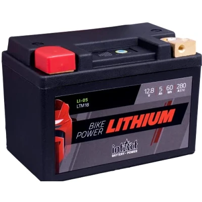 Abbildung von intAct LITHIUM MOTORRADBATTERIE Batterie für Roller, Motorrad, Quads. Bis zu 75% Gewichtseinsparung Bike Power LI 05, LTM18, 12,8V Batterie, 5AH (c10), 60 Wh, 280 A (CCA) Maße: 148x86x105mm