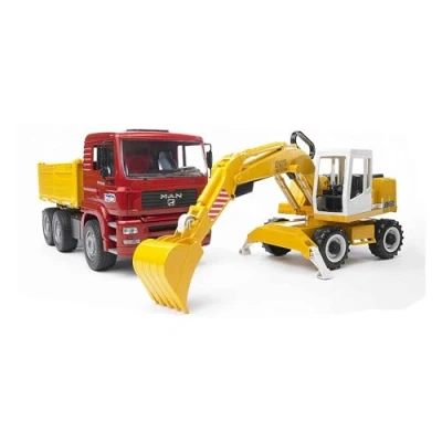 Abbildung von bruder 02751 Man TGA Kipplastwagen mit Liebherr Schaufelbagger 1:16 Baufahrzeug, Baustelle, Löffelbagger, Arbeiter, bworld, Baumaschine, LKW, Transporter