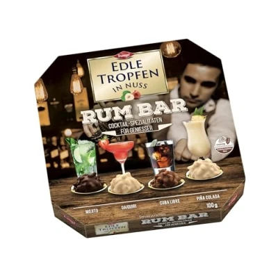 Abbildung von Edle Tropfen in Nuss Rum Bar 100g, flüssig gefüllte Schokoladenpralinen mit Milchschokoladen Überzug und knackigen Haselnuss Splittern