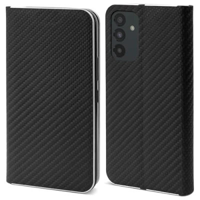 Abbildung von Moozy Hülle für Samsung A54 5G, Schwarz Carbon Metallischer Kantenschutz Klapphülle Handyhülle mit Kartenfach und Standfunktion