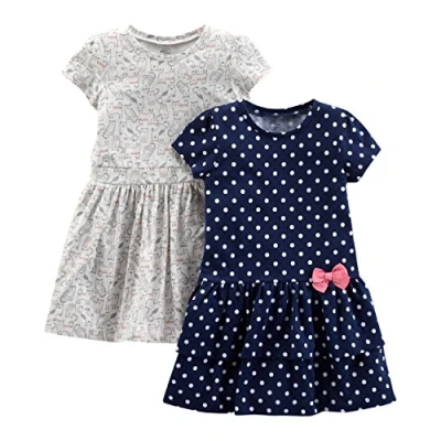 Abbildung von Simple Joys by Carter&#039;s Baby Mädchen Short Sleeve and Sleeveless Dress Sets, Pack of 2 Freizeitkleid, Grau Kätzchen/Marineblau Punkte, 4 Jahre (2er Pack)