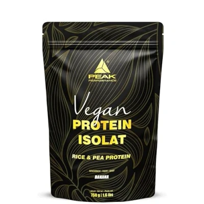 Abbildung von PEAK Vegan Protein Isolat 750g Geschmack Banana I 25 Portionen Pulver pflanzliche Proteinquellen: Erbse &amp; Reisprotein für Muskelaufbau Süße aus Stevia GMO free 750 g