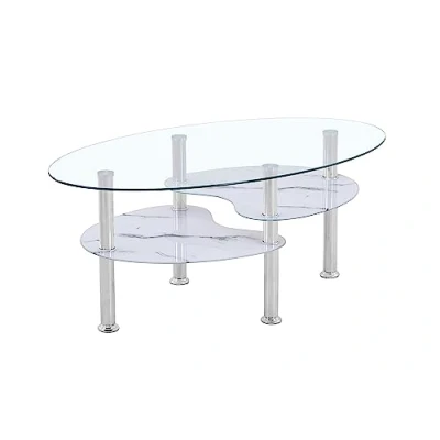 Abbildung von HOOZ Couchtisch 98x55cm Klarglas mit Marmor weiß Ablage (Wohnzimmertisch, perfekt als Beistelltisch), Tischplatte in Marmorweiß