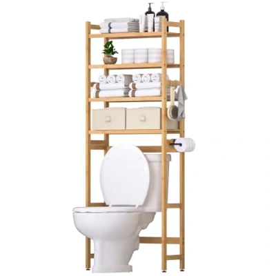 Abbildung von Yorbay Badregal Toilettenregal mit 2 Körben, Bambus WC Regal,59*23.3*166CM, Multifunktional Badezimmerregal,Platzsparend,Einfache Montage