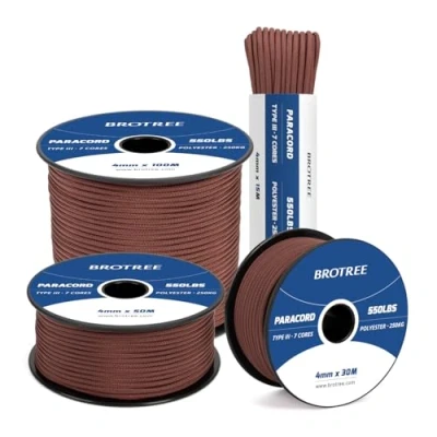 Abbildung von Brotree 550 Paracord 4mm 100m Schnur 100% Polyester Seil Reißfest Typ III 7 Kern für Armbänder, Basteln, Outdoor, Camping, Survival Schokoladenbraun