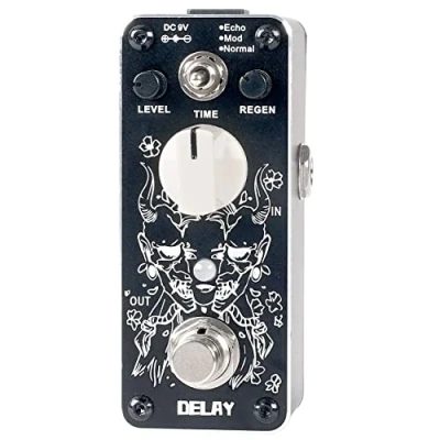 Abbildung von Sondery Digital Delay Gitarren effekt pedal True Bypass, 3 Modi der Echo Modulation und Normal Mini Größe mit Art Design auf Aluminium Hartschale oben Diamantschliff entlang Kante