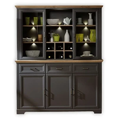 Abbildung von Stella Trading JASMIN Buffetschrank in Artisan Eiche Optik, Graphit Vitrinenschrank mit LED Beleuchtung und viel Stauraum im Landhausstil 166 x 205 48 cm (B/H/T)
