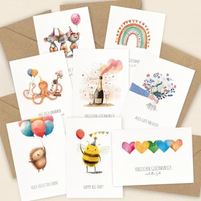 Abbildung von LOViLEE® 10x Geburtstagskarten Set mit Umschlag &amp; Stickern Glückwunschkarten Geburtstag, Happy Birthday Karte Grußkarten Geburtstagskarte Frau, Mann Klappkarten 1
