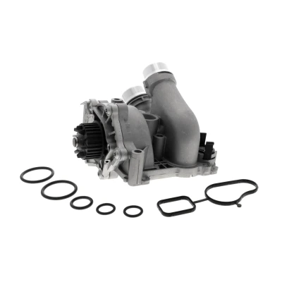 Abbildung von VAICO V10 50115 Wasserpumpe 29 mit Dichtung Thermostat, Klammer, ohne Sensor, Kühlmittelregler Grauguss Metallgehäuse VOLKSWAGEN: GOLF 6