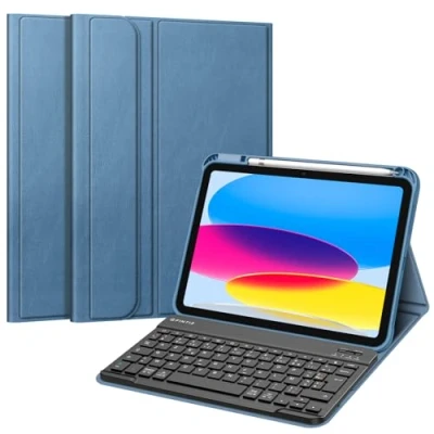 Abbildung von Fintie Französische AZERTY Tastatur für iPad 10. Generation 2022 10,9 Zoll Kabellose Tastatur, Abdeckung mit Mehreren Positionen, Dunstblau