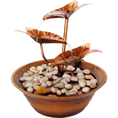 Abbildung von dobar® Design Zimmerbunnen Tischbrunnen dreistufig aus Metall Kleiner Springbrunnen Dekoratives Wasserspiel für Wohnzimmer/Büro/Indoor Zierbrunnen 22,5 x 23,5 cm Bronze