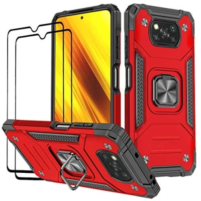 Abbildung von KANSi Hülle kompatibel für Xiaomi Poco X3 NFC/Poco Pro, Schutzfolie [2 Stück] Silikon TPU Hart PC Handy Hüllen 360 Grad Drehbar Ringhalter Bumper Stoßdämpfung Schutzhülle Rote
