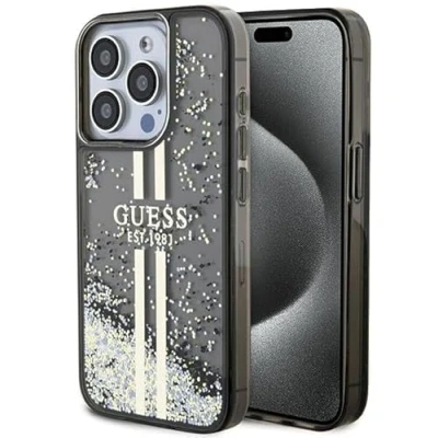 Abbildung von Guess GUHCP15LLFCSEGK Hülle für iPhone 15 Pro 6.1&quot; Schwarz hardcase Liquid Glitter Gold Stripes