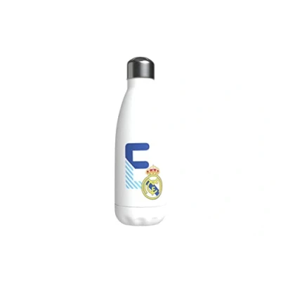 Abbildung von Real Madrid Wasserflasche aus Edelstahl, luftdicht, mit Buchstabe E in Blau, 550 ml, Weiß, offizielles Produkt (CyP Brands)
