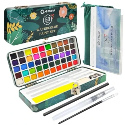 Abbildung von Artecho Aquarellfarben Set 50 Farben in Tragbarer Box Inklusive 4 Fluoreszierende, Wasserfarben with Aquarellpapier, pinsel und andere Zeichnung Werkzeuge, Ideal für Künstler Hobbymaler