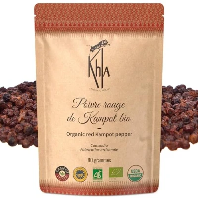 Abbildung von Khla Kampot Pfeffer Rot Bio 80g Roter Pfefferkörner Ganz Biologisch Süß &amp; Fruchtig Zutat Küchen Direkt vom Erzeuger Rote Körner Ganze für Mühle Herkunft Kambodscha