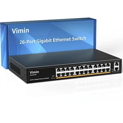 Abbildung von VIMIN 26 Port Gigabit Ethernet Switch mit 2 Uplink Ports 1000 Mbit/s, 24 unmanaged Network unterstützt IEEE802.3af/at, VLAN, Metallgehäuse, Desktop, 19 inch Rackmontage