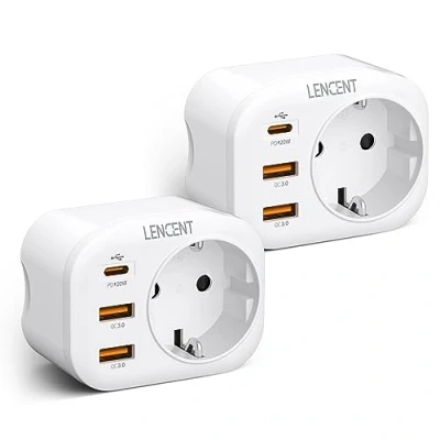 Abbildung von LENCENT 2X USB Steckdose Mehrfachstecker EU Adapter mit 1 PD &amp; 2 QC 3,0 Schnellladung Anschlüße, Wand Schuko 4000W Stromadapter Stecker für Phone und Haushaltsgeräte