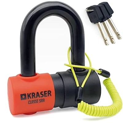 Abbildung von KRASER KR50 Diebstahlsicherung Motorrad Bremsscheibenschloss SRA Homologiert genehmigtes Vorhängeschloss Scheibenbremse Solid Mini U Ø18 + Erinnerungskabel, Anti Diebstahl Motorradschloss Motorroller