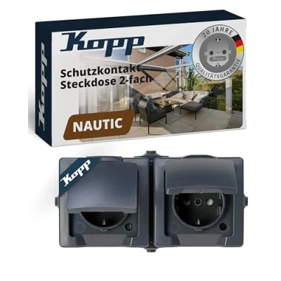 Abbildung von Kopp Nautic 2 fach Schutzkontakt Steckdose mit Klappdeckel und erhöhtem Berührungsschutz, Aufputz Feuchtraum, waagrecht, 16A, 250V/AC, IP44, anthrazit, 137015003