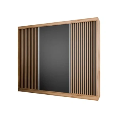 Abbildung von MargaretHadas24 Kleiderschrank Lili mit Lamellen 250 cm inklusive 3 Schiebetüren Schwebetürenschrank Kleiderstange Garderobe Schrank (Eiche Craft Gold, schwarz, Lamelle wotan)