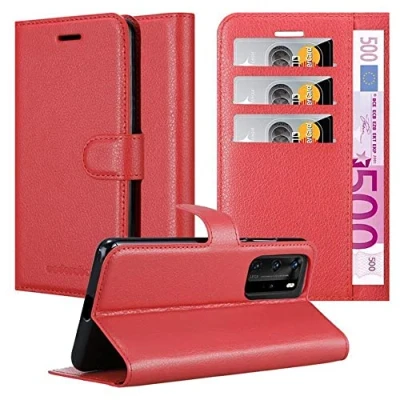 Abbildung von Cadorabo Hülle kompatibel mit Huawei P40 Handyhülle aus Premium Kunst Leder Flip Klappbare Stoßfeste Magnetische [Standfunktion] [Kartenfächern] Cover für Tasche in Rot