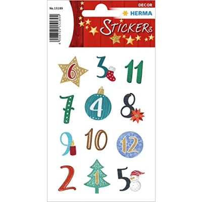 Abbildung von HERMA 15189 Aufkleber Zahlen 1 24 Glitzer, Stück, Weihnachten Sticker mit Weihnachtskugel Sterne Motiv, Nummer Ziffer Klebezahlen Etiketten für Weihnachtsdeko Adventskalender Dekoration DIY Basteln