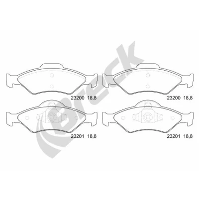 Abbildung von BRECK 23200 00 702 Bremsbelagsatz nicht für Verschleißwarnanzeiger vorbereitet FORD: FIESTA 4, 3, KA Schrägheck, MAZDA: 121 III Hatchback