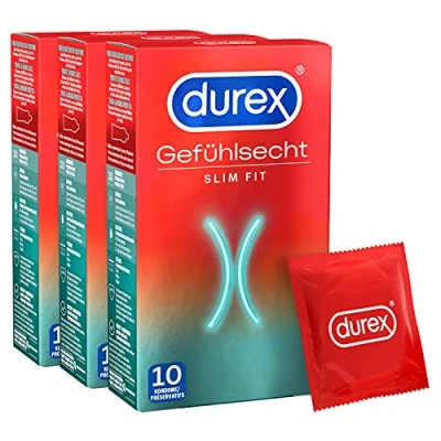 Abbildung von Durex Gefühlsecht Slim Kondome Dünne mit schmaler Passform &amp; Silikongleitgel befeuchtet 3er Pack (30 Stück)