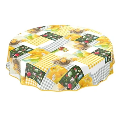 Abbildung von Wachstuchtischdecke abwaschbar Garten Tischdecke Wachstuch Rund Oval Eckig Indoor Outdoor Ostern Osterei Karo Küken 120cm mit Saum Eingefasst
