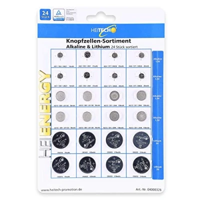 Abbildung von HEITECH 24er Pack Alkaline &amp; Lithium Knopfzellen Batterie 2X AG1 / AG3 4X AG4 AG10 AG13 CR2016 CR2025 CR2032 1,5V 3V Knopfbatterien auslaufsicher