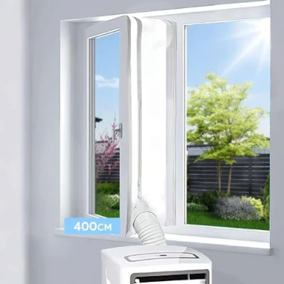 Abbildung von EGNBU 400CM Fensterabdichtung für Mobile Klimageräte, Klimaanlagen, Wäschetrockner, Ablufttrockner, Hot Air Stop zum Anbringen an Fenster, Klimaanlage Fensterabdichtung, Keine Bohrlöcher erforderlich