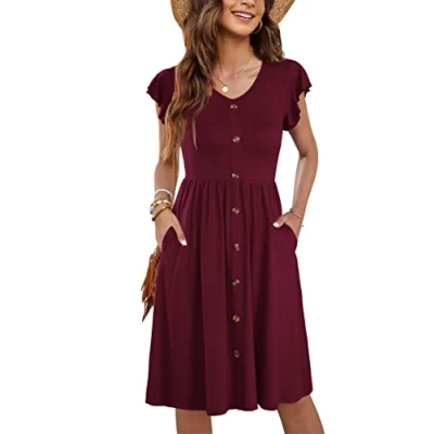 Abbildung von MOLERANI Sommerkleid Damen Knielang Rüschen Ärmel V Ausschnitt Casual Swing Elastische Taille Midi Kleid mit Taschen Plain Weinrot M