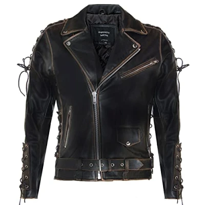 Abbildung von Infinity Leather Herren Schwarz Brando Biker Jacke LIVE TO RIDE Geprägtes EAGLE Leder Vintage