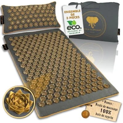 Abbildung von CALM ELEPHANT ORIGINAL® Luxus Akupressurmatte mit Kissen XL Set PURE ECO, Stachelmatte Rücken, Verspannungen lösen, Akupunktur Matte, Wärmefunktion &amp; Tasche, natürlich und nachhaltig, grau